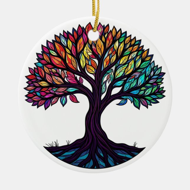 Stained Glass Art, Tree of Life Stained Glass Ceramic Ornament (Front)