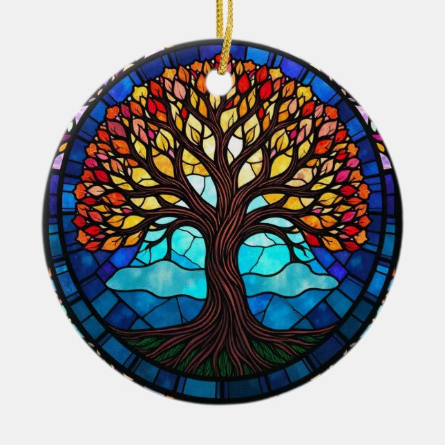 Stained Glass Art, Tree of Life Stained Glass  Ceramic Ornament (Front)