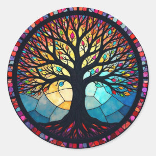 Stained Glass Art, Tree of Life Stained Glass Classic Round Sticker
