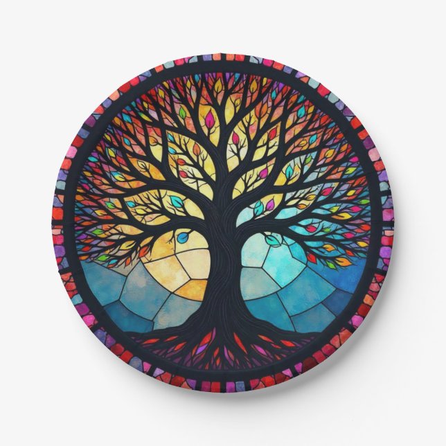 Stained Glass Art, Tree of Life Stained Glass  Paper Plates (Front)