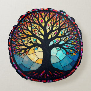 Stained Glass Art, Tree of Life Stained Glass Round Pillow