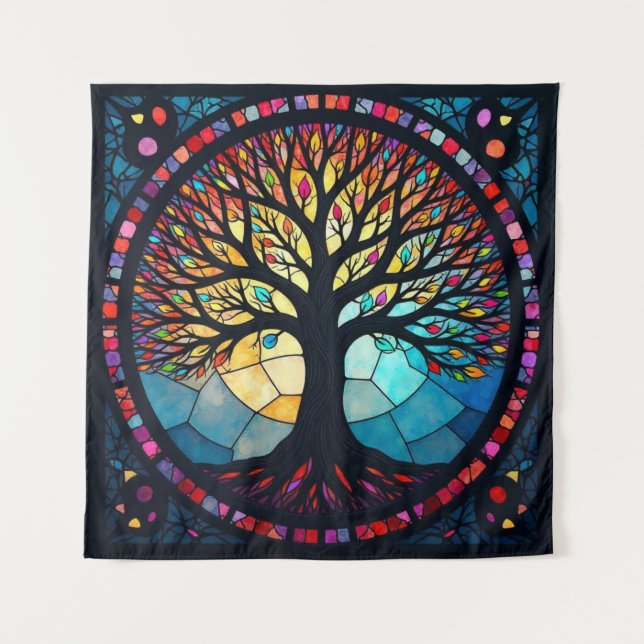 Stained Glass Art, Tree of Life Stained Glass  Tapestry (Front)
