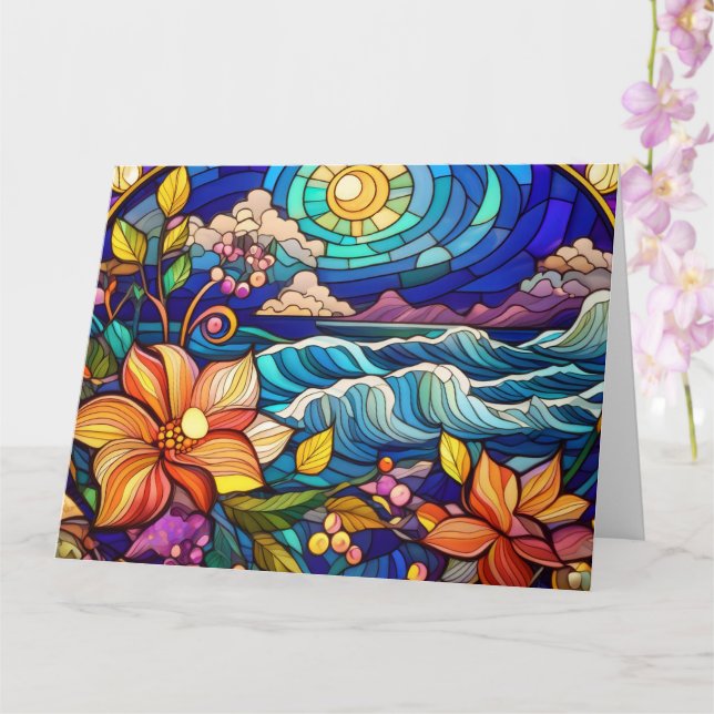Stained glass art tropical beach card (Orchid)