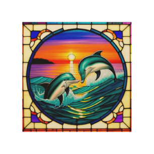 Stained Glass Art with Dolphins Leaping at Sunset
