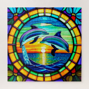Stained Glass Art with Dolphins Leaping at Sunset Jigsaw Puzzle
