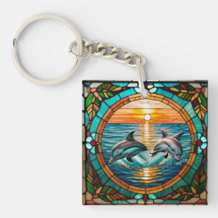 Stained Glass Art with Dolphins Leaping at Sunset Keychain