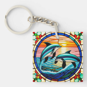 Stained Glass Art with Dolphins Leaping at Sunset Keychain