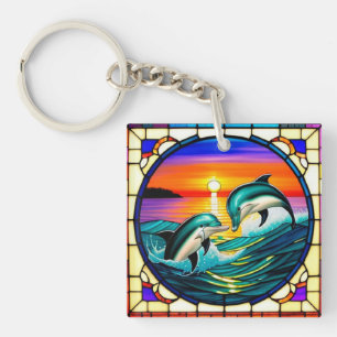 Stained Glass Art with Dolphins Leaping at Sunset Keychain
