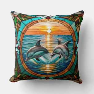 Stained Glass Art with Dolphins Leaping at Sunset Throw Pillow