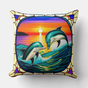Stained Glass Art with Dolphins Leaping at Sunset Throw Pillow