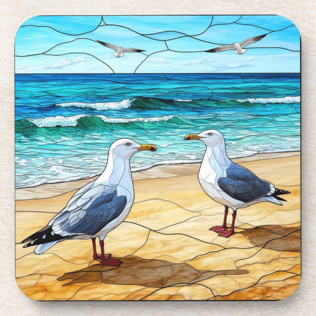 Stained Glass Artwork of Seagulls on a Beach Beverage Coaster (Front)
