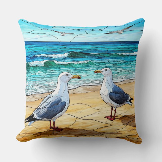 Stained Glass Artwork of Seagulls on a Beach Throw Pillow (Front)