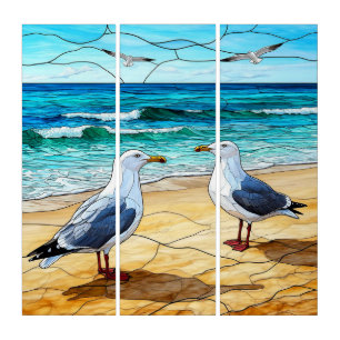 Stained Glass Artwork of Seagulls on a Beach Triptych