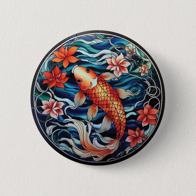 Stained Glass Asian Style Koi Fish and Camellias Button (Front)