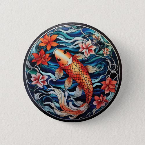 Stained Glass Asian Style Koi Fish and Camellias Button