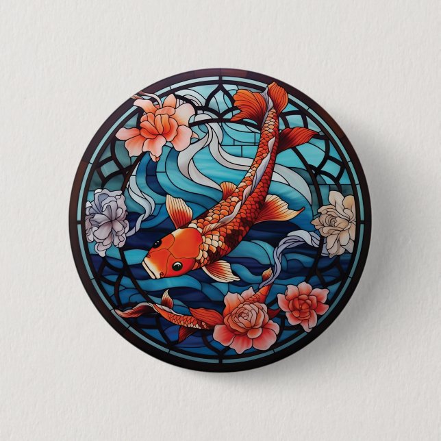 Stained Glass Asian Style Koi Fish and Camellias Button (Front)
