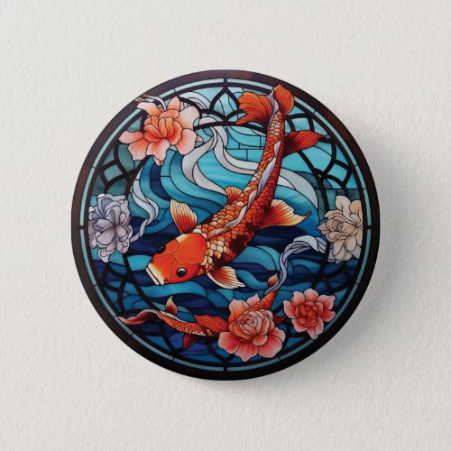 Stained Glass Asian Style Koi Fish and Camellias Button