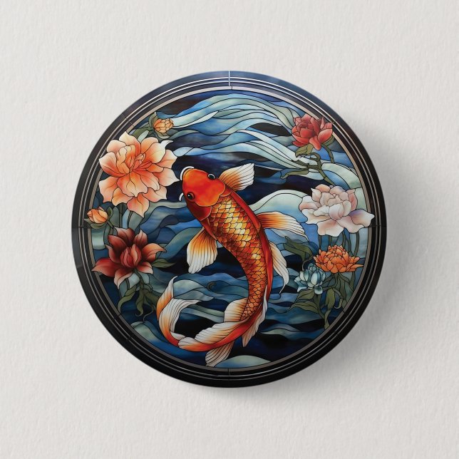 Stained Glass Asian Style Koi Fish and Camellias Button (Front)