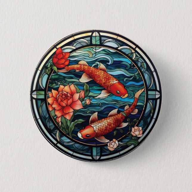 Stained Glass Asian Style Koi Fish and Camellias Button (Front)