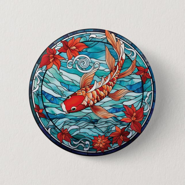 Stained Glass Asian Style Koi Fish and Camellias Button (Front)