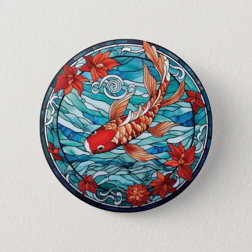 Stained Glass Asian Style Koi Fish and Camellias Button