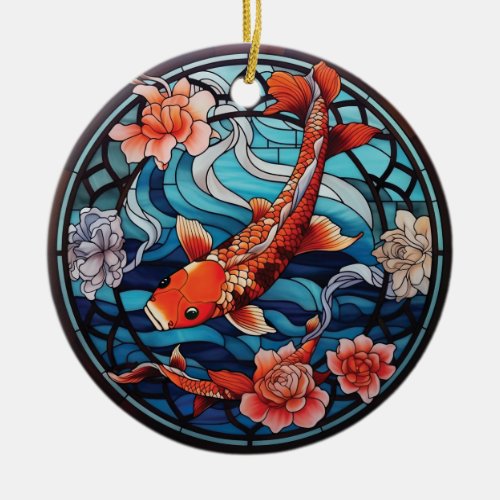 Stained Glass Asian Style Koi Fish and Camellias Ceramic Ornament