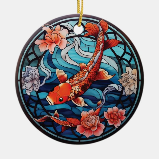 Stained Glass Asian Style Koi Fish and Camellias Ceramic Ornament (Front)
