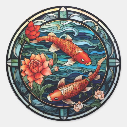 Stained Glass Asian Style Koi Fish and Camellias Classic Round Sticker