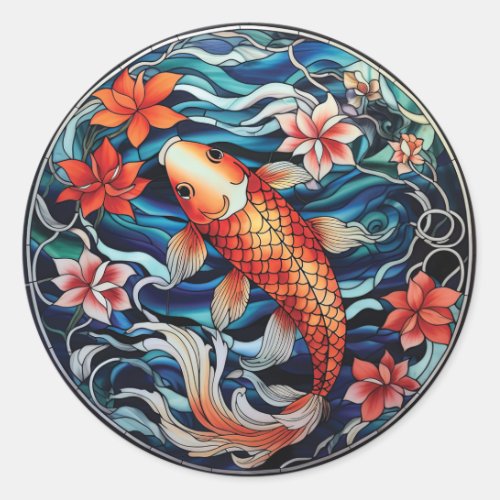 Stained Glass Asian Style Koi Fish and Camellias Classic Round Sticker