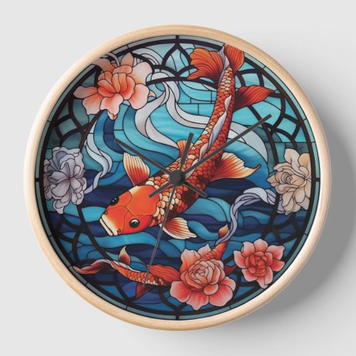 Stained Glass Asian Style Koi Fish and Camellias Clock