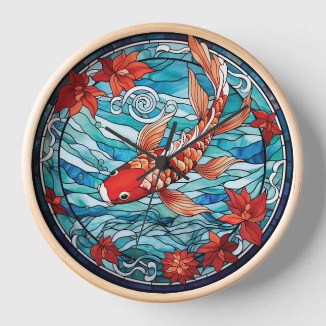 Stained Glass Asian Style Koi Fish and Camellias Clock (Front)