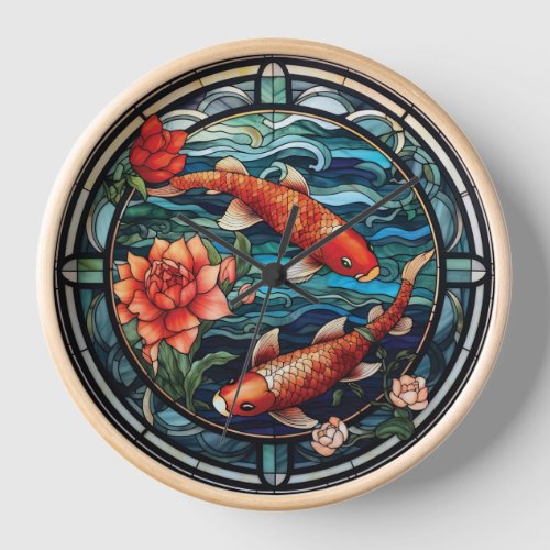 Stained Glass Asian Style Koi Fish and Camellias Clock
