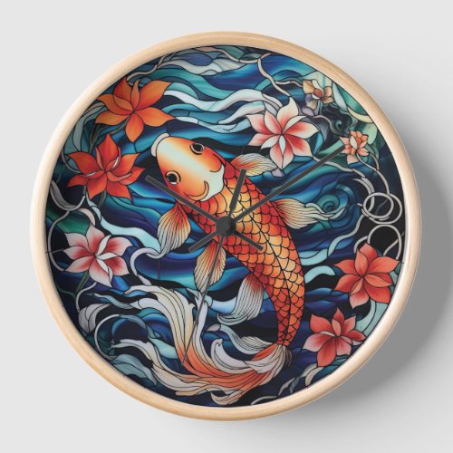 Stained Glass Asian Style Koi Fish and Camellias Clock