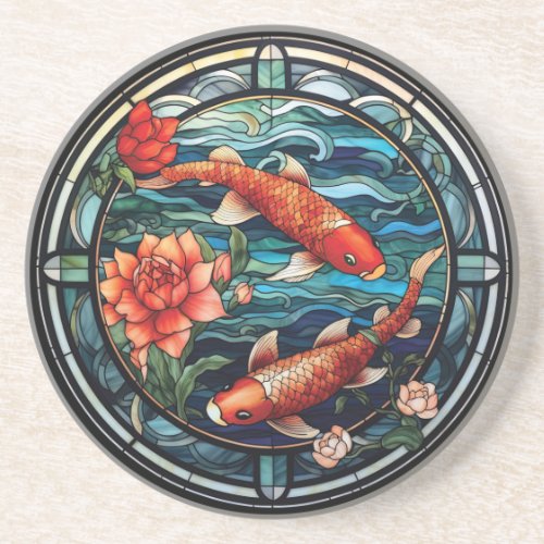 Stained Glass Asian Style Koi Fish and Camellias Coaster