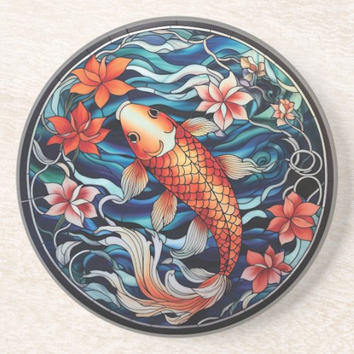 Stained Glass Asian Style Koi Fish and Camellias Coaster