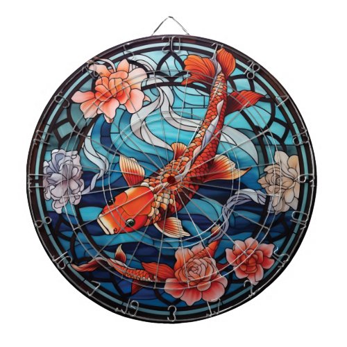 Stained Glass Asian Style Koi Fish and Camellias Dart Board