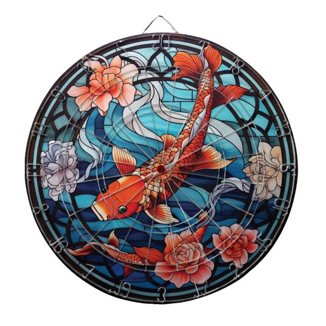 Stained Glass Asian Style Koi Fish and Camellias Dart Board (Front)