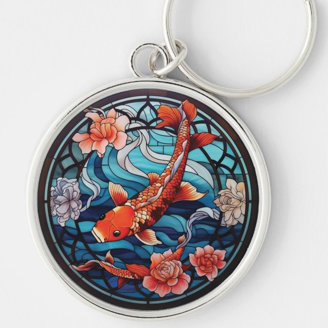 Stained Glass Asian Style Koi Fish and Camellias Keychain (Front)
