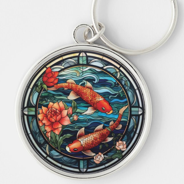 Stained Glass Asian Style Koi Fish and Camellias Keychain (Front)