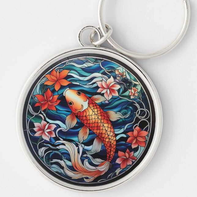 Stained Glass Asian Style Koi Fish and Camellias Keychain (Front)