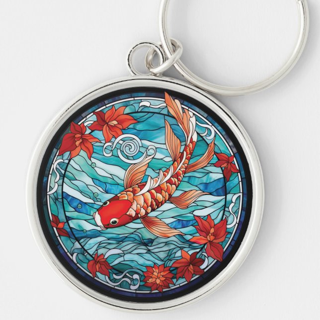 Stained Glass Asian Style Koi Fish and Camellias Keychain (Front)