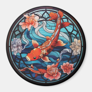 Stained Glass Asian Style Koi Fish and Camellias Magnet