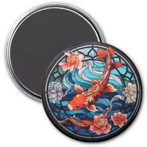 Stained Glass Asian Style Koi Fish and Camellias Magnet