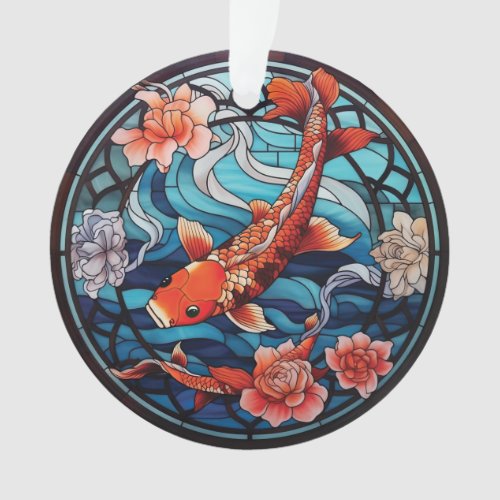 Stained Glass Asian Style Koi Fish and Camellias Ornament