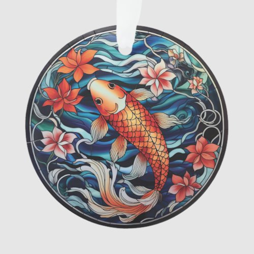 Stained Glass Asian Style Koi Fish and Camellias Ornament