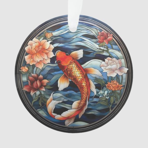 Stained Glass Asian Style Koi Fish and Camellias Ornament