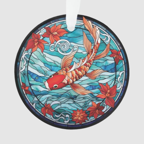 Stained Glass Asian Style Koi Fish and Camellias Ornament