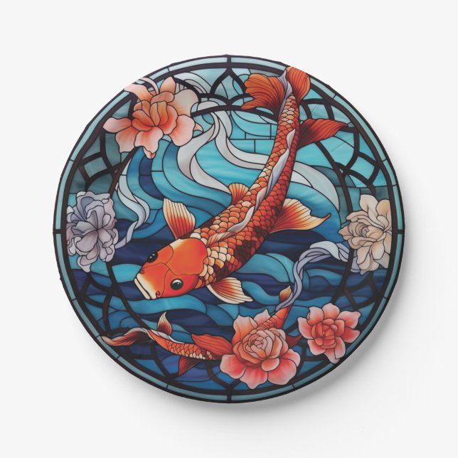 Stained Glass Asian Style Koi Fish and Camellias Paper Plates (Front)