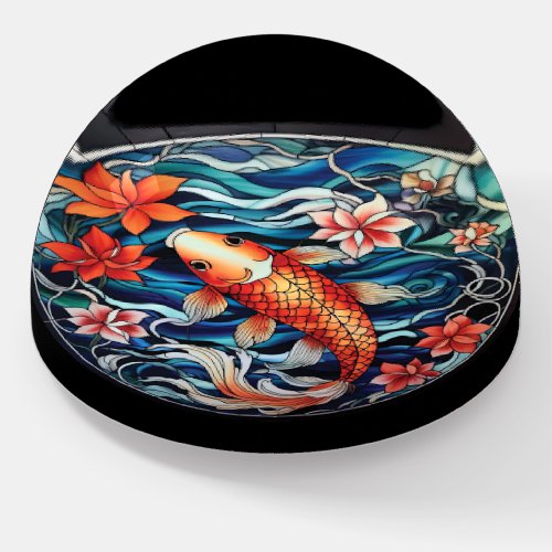 Stained Glass Asian Style Koi Fish and Camellias Paperweight