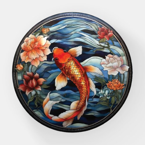 Stained Glass Asian Style Koi Fish and Camellias Paperweight